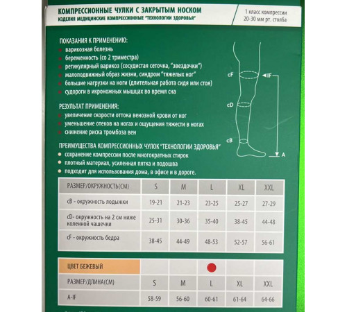 Чулки компрессионные ТЗ закрытый нос 1 класс ,силикон точки, 20 30мм
